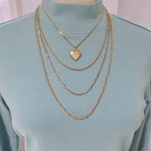 Heart Locket Necklace, Multi Chain, Gold, Gift